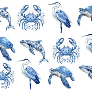 May include: Blue and white watercolor illustrations of a whale, crab, turtle, and heron. The illustrations are in a traditional Chinese porcelain style.
