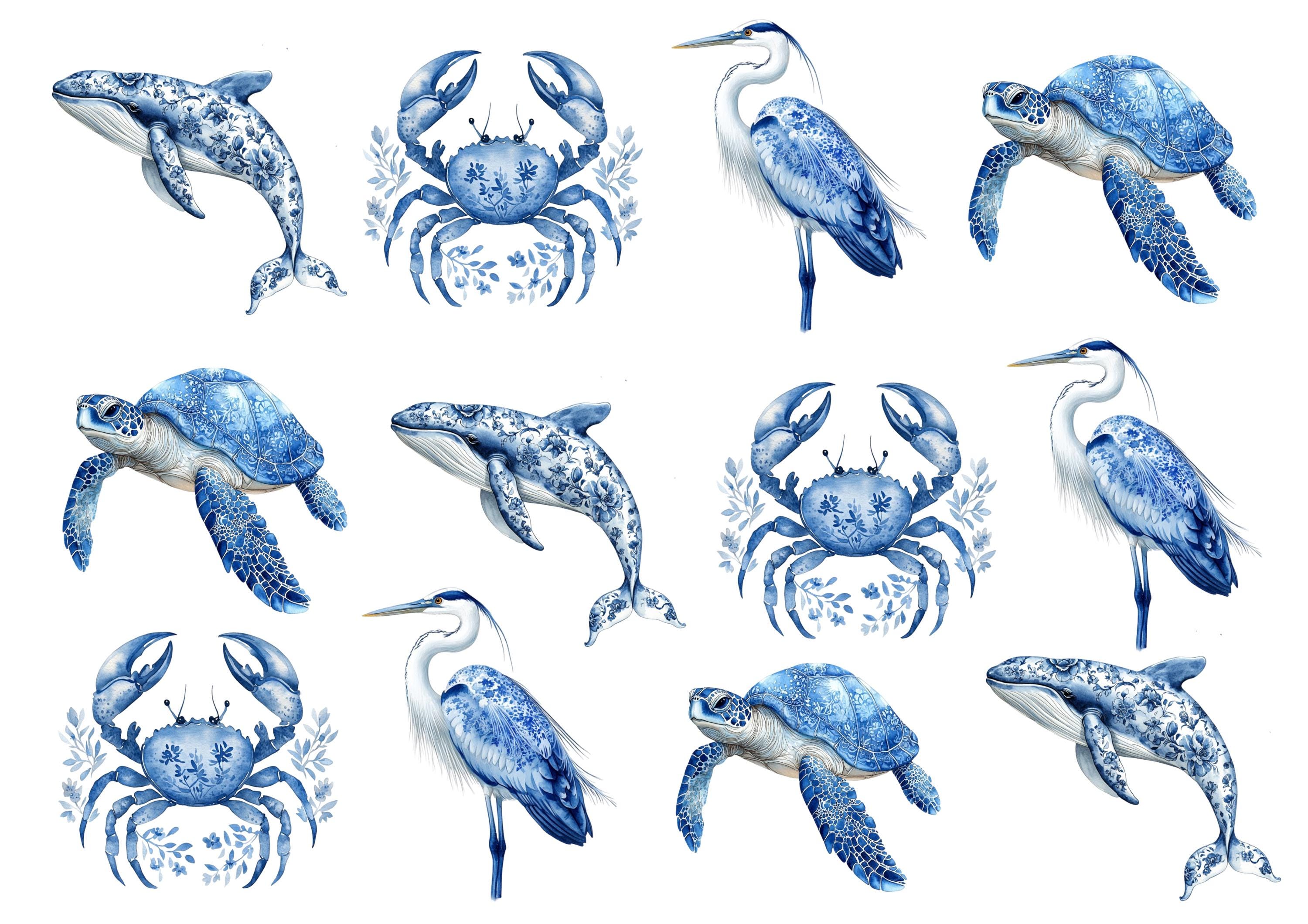 Rice Paper for Decoupage / Blue White Chinoiserie Beach Coastal Heron Turtle Crab Whale / 1 Rice Paper / A4 / A5 / Customizable