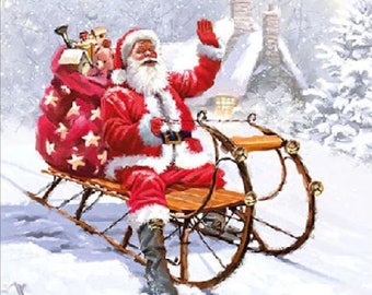 Decoupage Napkins- Christmas Santa Sled Paper Napkins- Set of 3- Cocktail Size