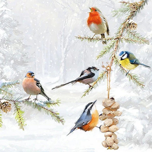 Decoupage Napkins- Winter Birds Paper Napkins- Set of 3 - Luncheon Size