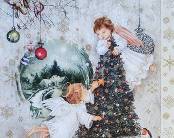 Decoupage Napkins- Christmas Angels Paper Napkins- Set of 3- - Luncheon Size