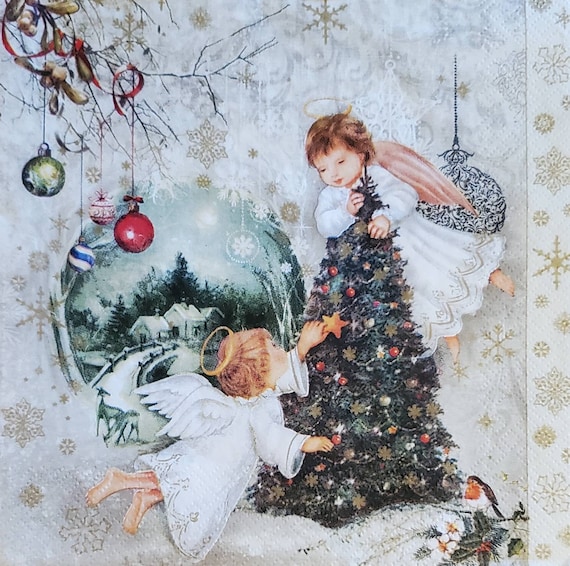 20 Serviettes De Table Motif Arbre Avec Anges Et Animaux - 33x33 Cm, 3 épaisseurs, Pour Noël Et Découpage - 9
