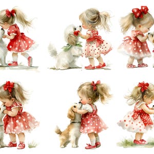 May include: Six watercolor illustrations of girls in red and white polka dot dresses with their pet dogs. The girls are all smiling and interacting with their dogs.