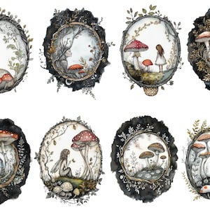 May include: Eight watercolor illustrations of whimsical forest scenes with mushrooms, fairies, and other magical elements. Each scene is framed in a circular wreath of branches and leaves.