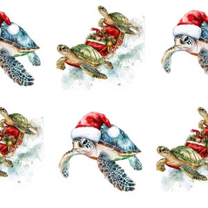 May include: Watercolor illustrations of sea turtles with festive Christmas themes. Some turtles wear Santa hats, while others pull sleighs filled with gifts. The artwork features a white background with splashes of color.
