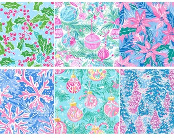 May include: A collection of six Christmas-themed patterns. The designs feature holly, ornaments, snowflakes, and poinsettias in shades of blue, pink, and green. The patterns are detailed and colorful, evoking a festive holiday atmosphere.