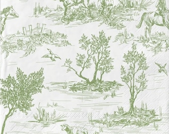 Decoupage Napkins - Green Toile Countryside Dogs Paper Napkins - Set of 3 - Luncheon Size