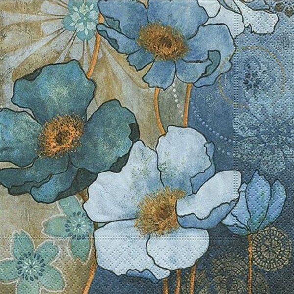 Decoupage Napkins - Blue Gold Flowers Floral Paper Napkins - Set of 3 - Luncheon Size