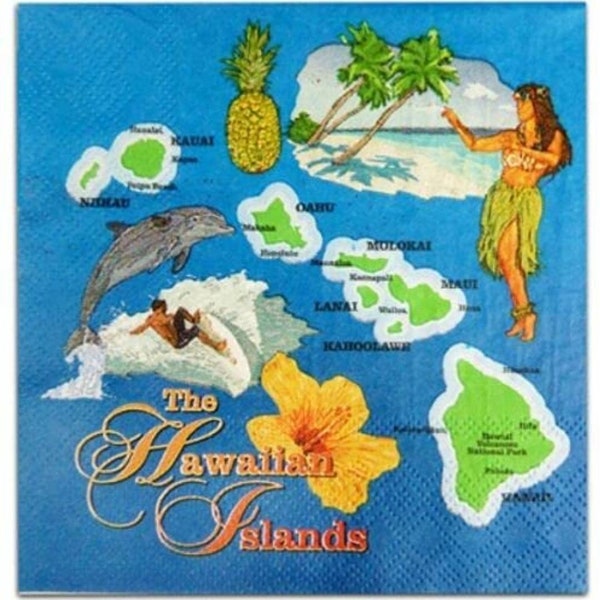 Decoupage Napkins- Retro Hawaii Hula Tropical Paper Napkins- Set of 3- Cocktail Size