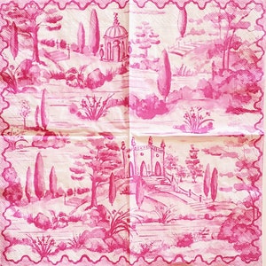 Decoupage Napkins- Pink Toile Landscape  Paper Napkins- Set of 3- Cocktail Size