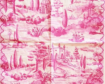 Decoupage Napkins- Pink Toile Landscape  Paper Napkins- Set of 3- Cocktail Size
