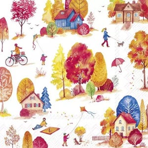 Decoupage Paper Napkins - Fall Autumn Fun Bike Kite Dog - Set of 3 -Luncheon Size
