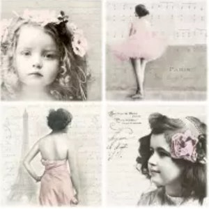 May include: A collage of four images featuring young girls in vintage-inspired clothing. The top left image shows a girl with long, curly hair wearing a pink dress and a floral headband. The top right image shows a girl in a pink tutu and ballet shoes. The bottom left image shows a girl in a pink dress with her back to the camera. The bottom right image shows a girl with long, dark hair wearing a pink flower in her hair.