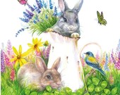 Decoupage Napkins - Easter Bunny Pitcher Paper Napkins- Set of 3 - Luncheon Size