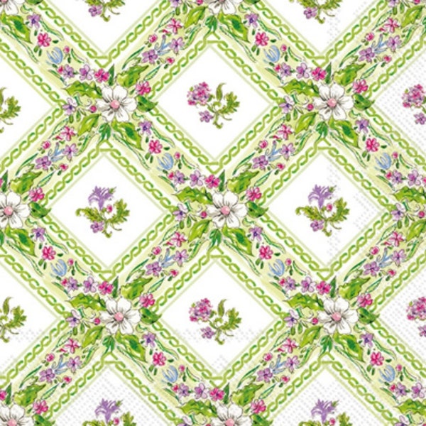 Decoupage Napkins- Green Floral Trellis Paper Napkins - Set of 3 - Luncheon Size