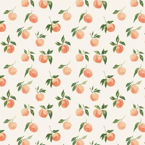 May include: A repeating pattern on a light cream background featuring watercolour-style illustrations of small orange peaches with green leaves attached to thin brown stems, arranged in a consistent grid-like layout across the entire surface.