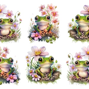 May include: Six illustrations of green frogs sitting on rocks surrounded by pink flowers. The frogs have large, black eyes and are sitting with their legs crossed.