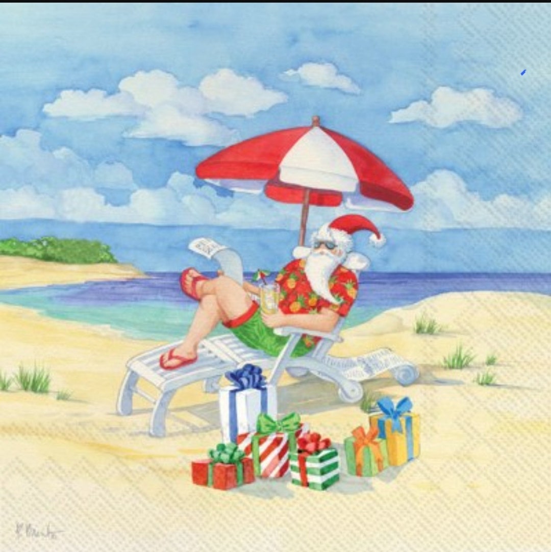 Decoupage Napkins Santa on Beach Paper Napkins Set of 3 Cocktail Size