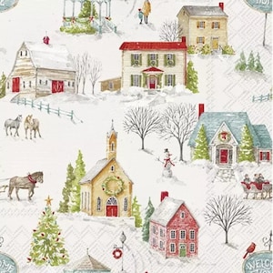 Decoupage Napkins-  Christmas Village Paper Napkins- Set of 3- - Luncheon Size