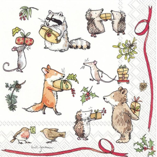 Decoupage Napkins - Christmas Animals Fox Mouse Bear Hedgehog Paper Napkins -  Set of 3 - Luncheon Size 13" x 13" unfolded