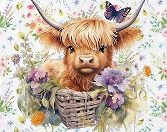 Decoupage Napkins-  Highland Cow Paper Napkins- Set of 3 - Luncheon Size