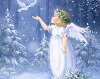 Decoupage Napkins- Angel Girl Dove Winter Paper Napkins- Set of 3 - Luncheon Size