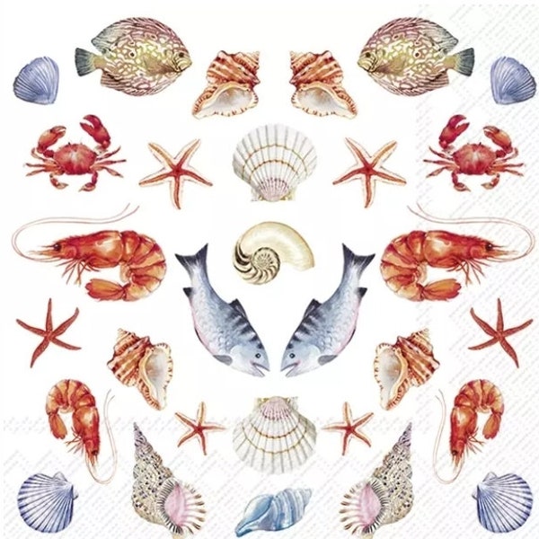 Decoupage Napkins- Crab & Seashell Fish Paper Napkins- Set of 3- Luncheon Size