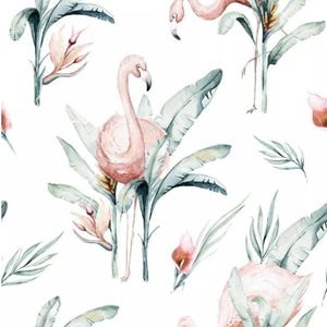 May include: Watercolour illustration of pink flamingos standing in lush green tropical foliage. The background is white.