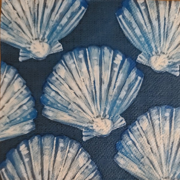 Decoupage Napkins- Blue White Beach Seashell Paper Napkins- Set of 3- Cocktail Size