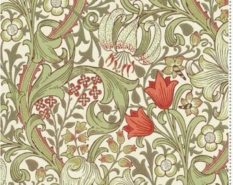 May include: A detailed floral pattern featuring stylized flowers and foliage in shades of green, red, and cream. The design includes lilies, tulips, and other blossoms, creating a vintage, botanical aesthetic. The pattern is suitable for fabric or wallpaper.