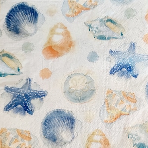 Decoupage Napkins- Watercolor Starfish Beach Seashell Paper Napkins- Set of 3- Cocktail Size