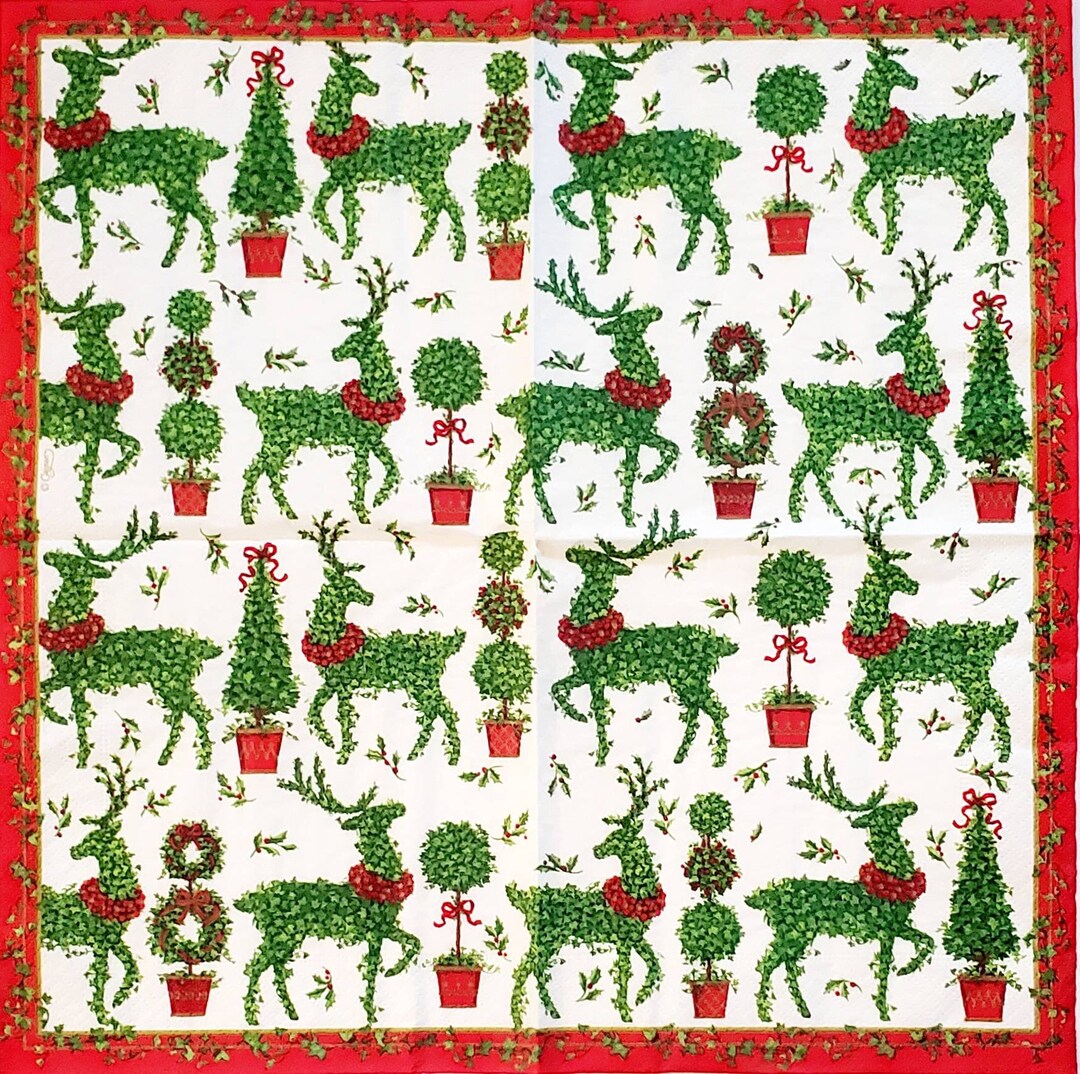 Decoupage Napkins Reindeer Topiary Paper Napkins Set of 3 Luncheon Size Etsy