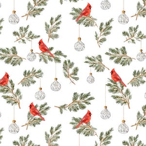 May include: A repeating pattern featuring red cardinal birds perched on green pine branches, with hanging clear geometric ornaments against a white background. The design evokes a festive, wintery theme, suitable for holiday decorations or fabric.