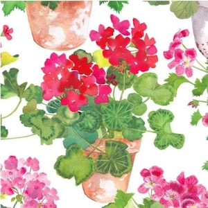 May include: Watercolor illustration of geraniums in terracotta pots. The image features vibrant red and pink flowers with green leaves against a white background. The artwork showcases a repeating pattern of potted plants, ideal for home decor or fabric design.