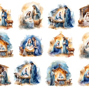 May include: A watercolor painting depicting the Nativity scene with multiple variations of Mary, Joseph, and baby Jesus in a manger. The painting features a blue and gold color scheme with a starry night sky background.