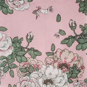 May include: A pink background with a floral pattern featuring white roses and green leaves.  The roses have a delicate, hand-drawn style and are arranged in a repeating pattern.