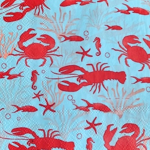 Decoupage Napkins- Crab Lobster Red Blue Paper Napkins- Set of 3- Cocktail Size