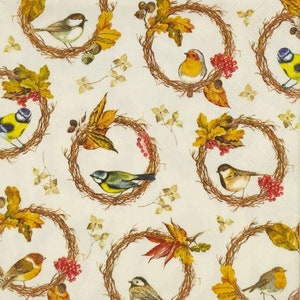 Decoupage Napkins- Fall Birds in Wreath Paper Napkins- Set of 3- Cocktail Size