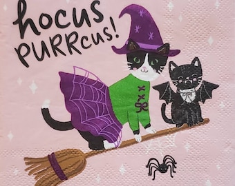 Decoupage Napkins- Halloween Cat Paper Napkins- Set of 3- Cocktail Size