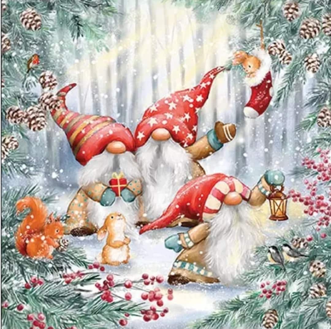 Decoupage Napkins Christmas Gnomes Paper Napkins Set of 3 Luncheon Size Etsy