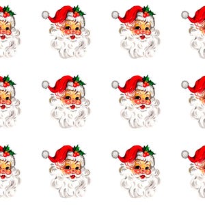 May include: A repeating pattern of Santa Claus faces. Each face features a red hat with a white pom-pom and holly, a white beard, and a smiling expression. The background is plain white.