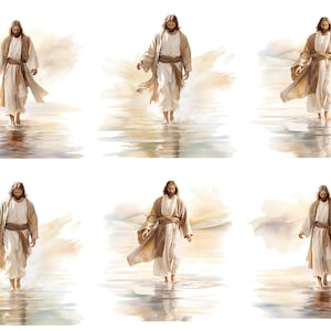 May include: A digital painting of a man walking on water. The man is wearing a white robe and has long brown hair and a beard. The water is a light blue color and there is a golden glow in the background.