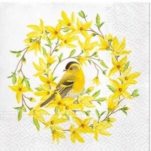 Decoupage Napkins- Yellow Bird Forsythia Wreath Paper Napkins- Set of 3 - Luncheon Size