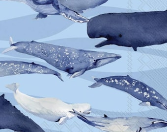 Decoupage Napkins- Whale Paper Napkins- Set of 3- Luncheon Size
