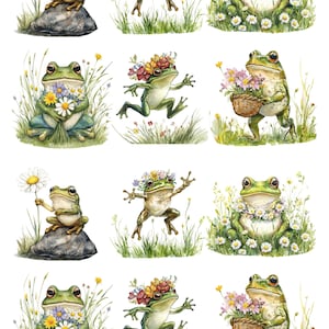 May include: Nine illustrations of green frogs in various poses. Some frogs are wearing flower crowns, others are holding flowers, and one is carrying a basket of flowers. The frogs are surrounded by green grass and flowers.