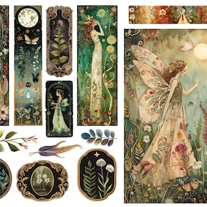 May include: A collection of watercolor illustrations featuring fairies, flowers, and botanical elements. The artwork includes bookmarks, decorative frames, and a large central image of a fairy in a floral dress with butterfly wings, set in a garden.
