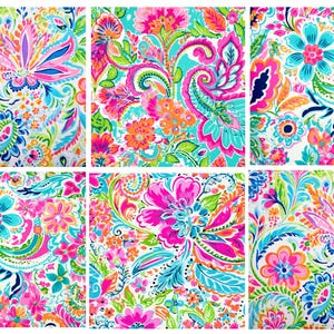 May include: A vibrant collage of six fabric swatches showcasing a colorful floral pattern. The design features a mix of pink, blue, orange, and green flowers and paisley shapes on a white background. The overall style is bright and cheerful.