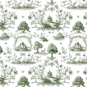 May include: A repeating pattern featuring a detailed toile design in shades of green on a white background. The pattern includes illustrations of houses, trees, deer, and floral elements, creating a classic, pastoral aesthetic.