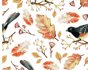 May include: A seamless pattern featuring watercolor illustrations of birds, leaves, and branches. The birds are black and white with orange accents, and the leaves are in shades of orange, yellow, and brown. The branches are thin and delicate, and the background is white.