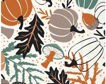 Servilletas de papel para decoupage: calabazas, hongos y hojas de otoño. Juego de 3. Tamaño de cóctel.